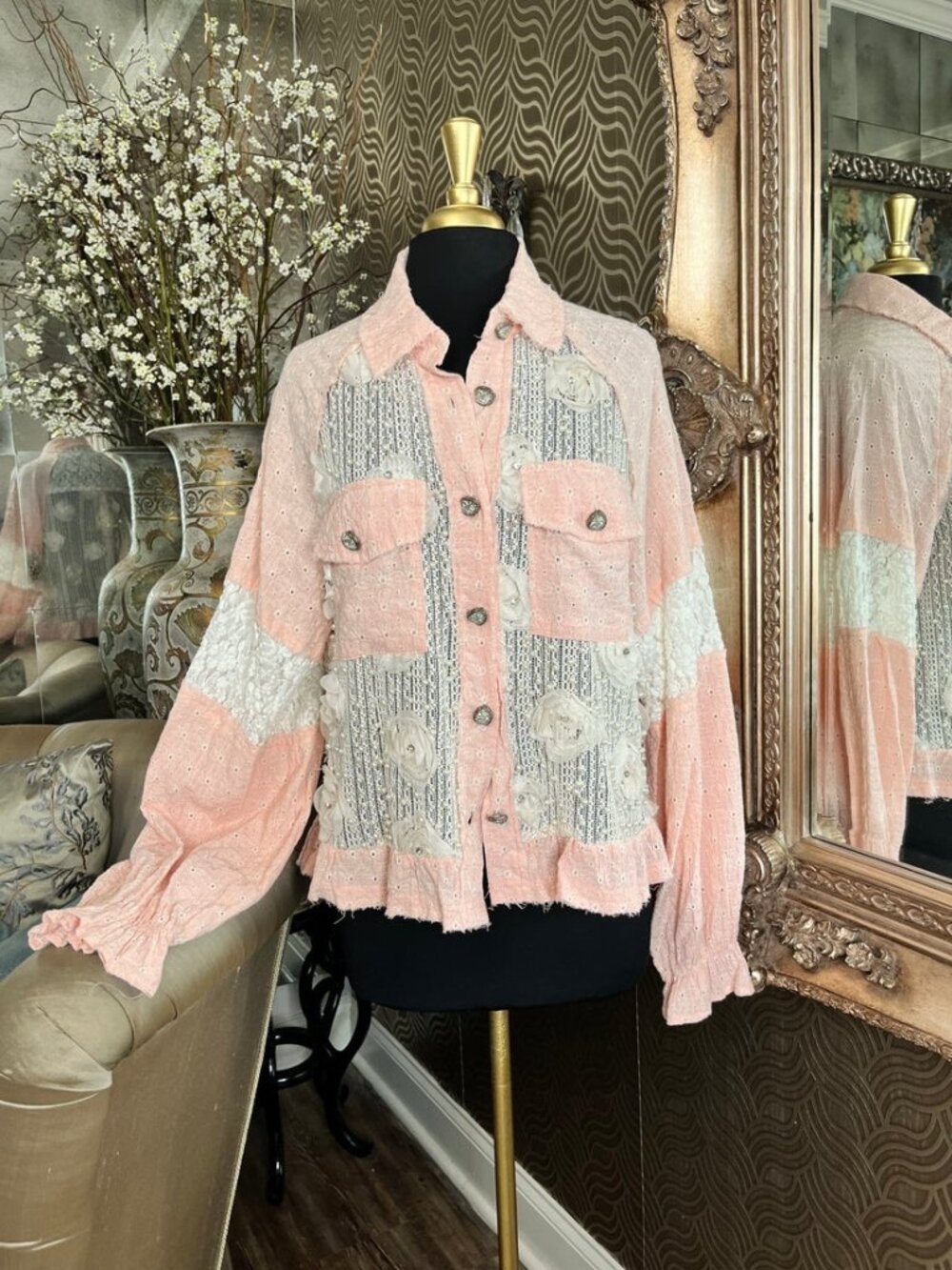 POL clothing distinct rosette appliqué details and patchwork lace fabric jacket